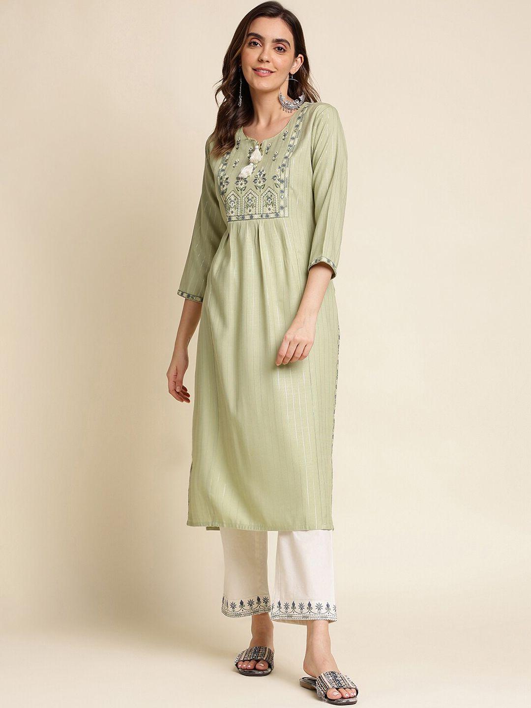 ishin women green geometric embroidered keyhole neck cold-shoulder sleeves gotta patti kurta