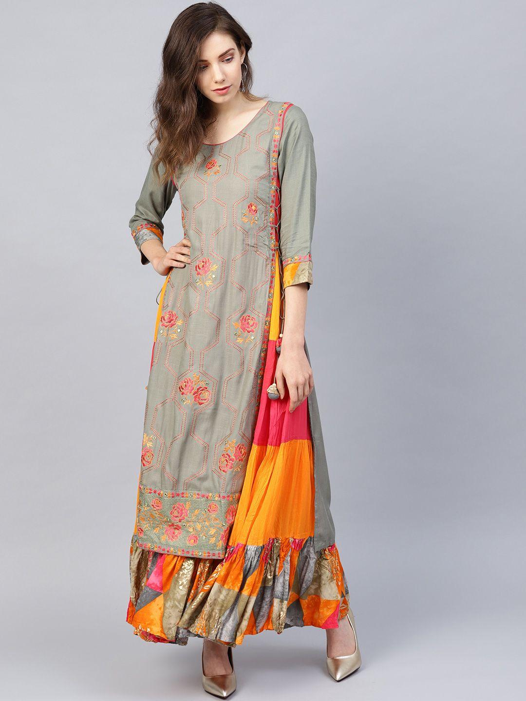 ishin women grey & pink embroidered layered a-line kurta