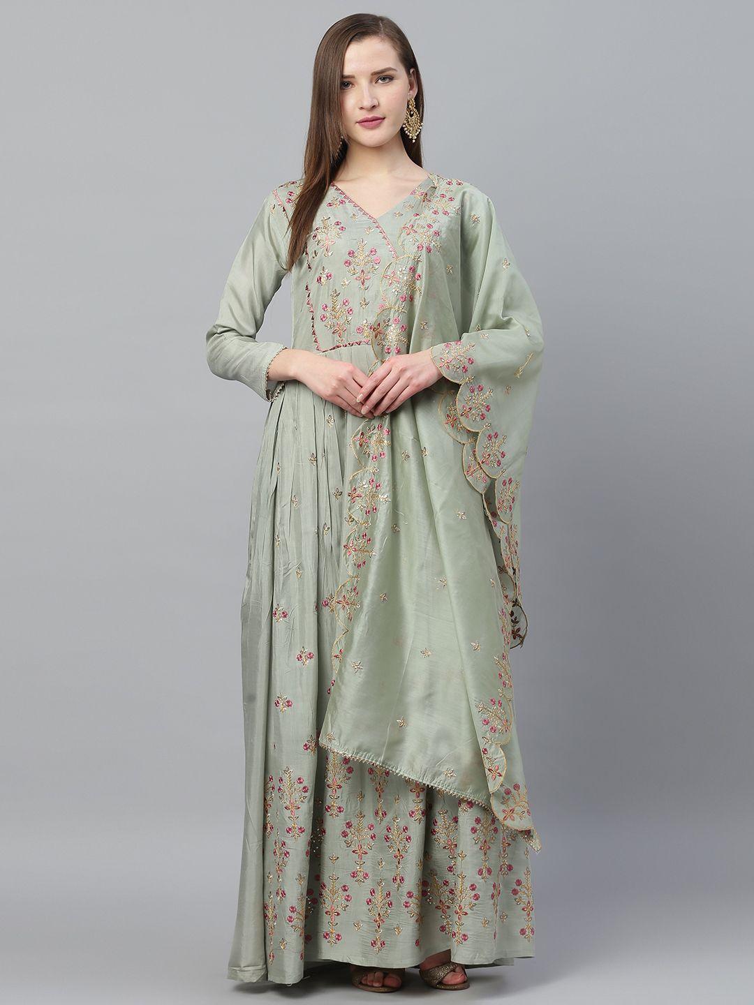 ishin women grey & pink floral embroidered angrakha a-line kurta with dupatta