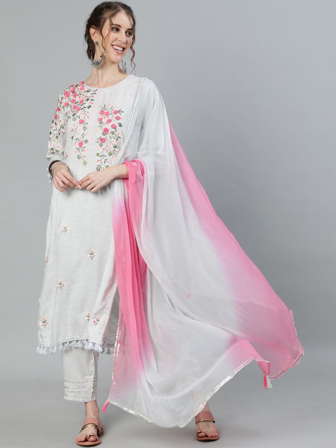 ishin women grey & pink floral embroidered kurta with trousers & dupatta