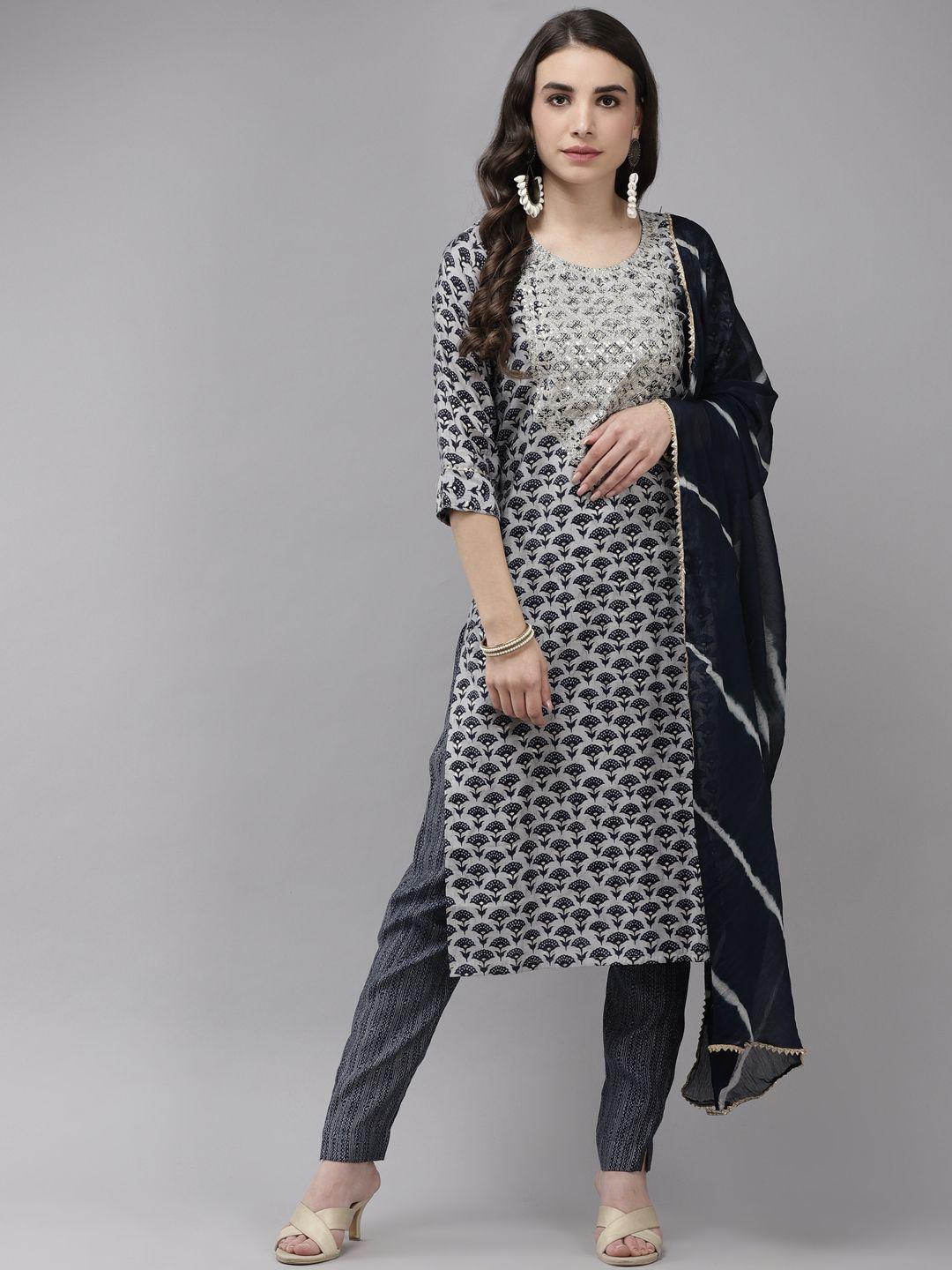 ishin women grey floral embroidered regular kurta with trousers & with dupatta