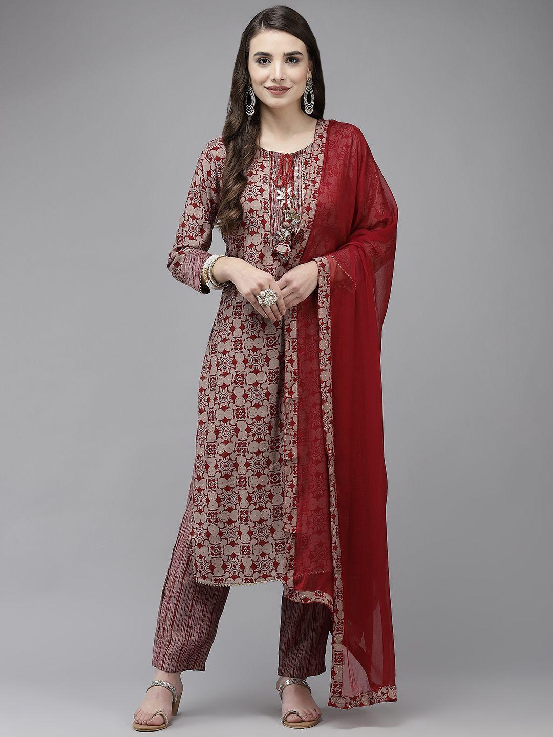 ishin women maroon ethnic motifs printed gotta patti kurta with trousers & dupatta