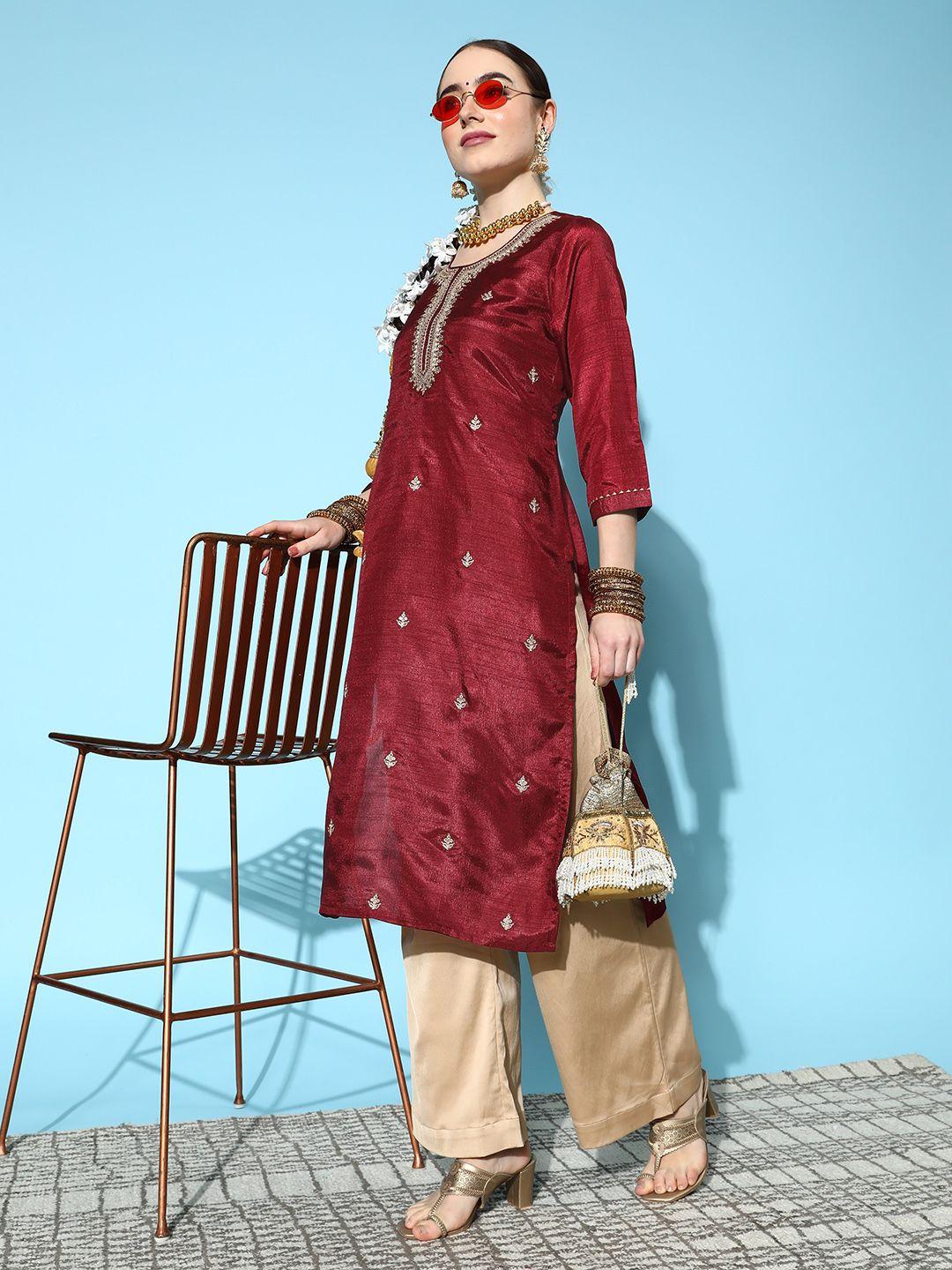 ishin women maroon floral embroidered kurta