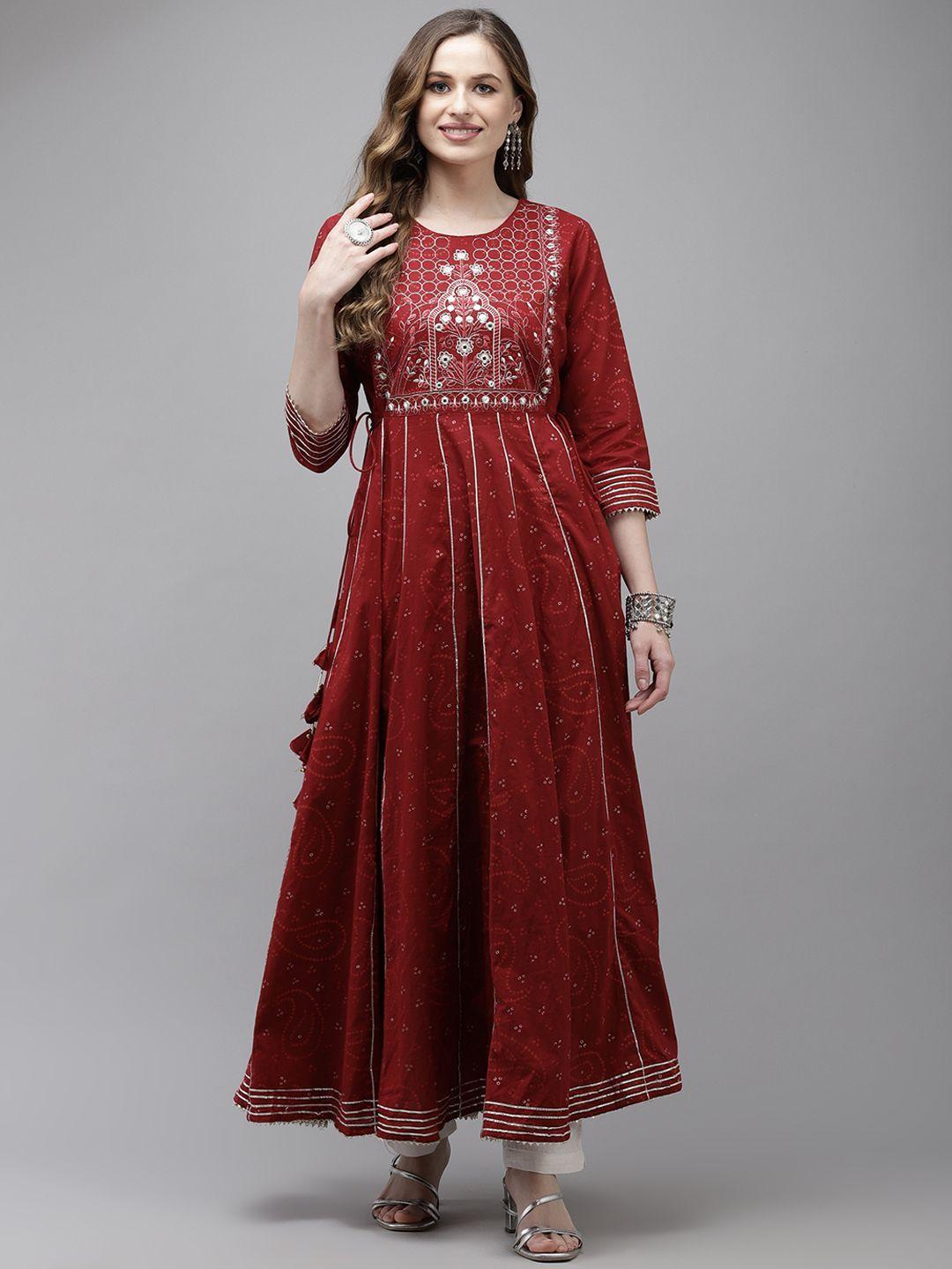 ishin women maroon floral mirror work block print anarkali kurta