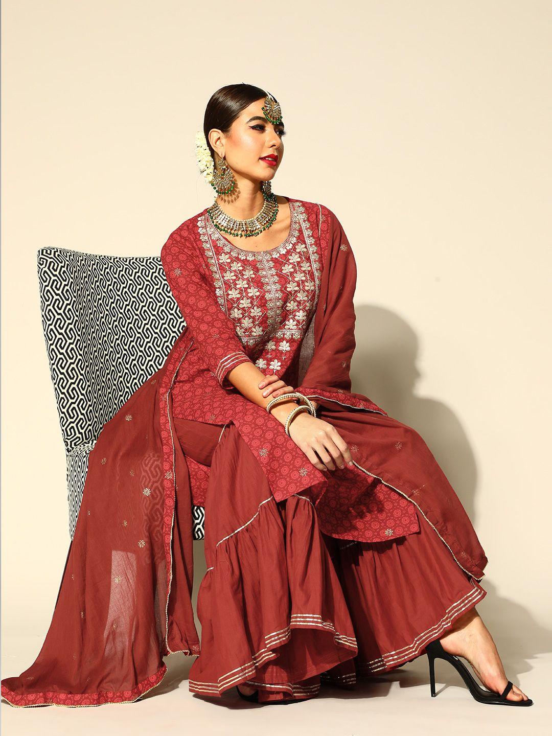 ishin women maroon floral yoke design regular kurta with sharara & with dupatta