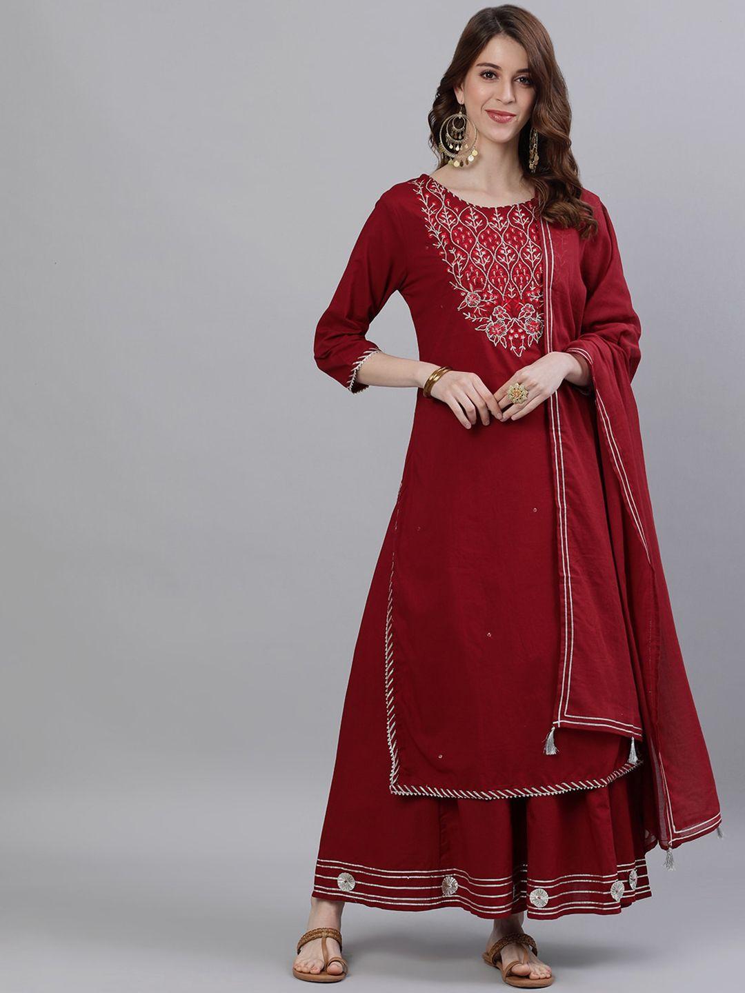 ishin women maroon yoke design kurta with palazzos & dupatta