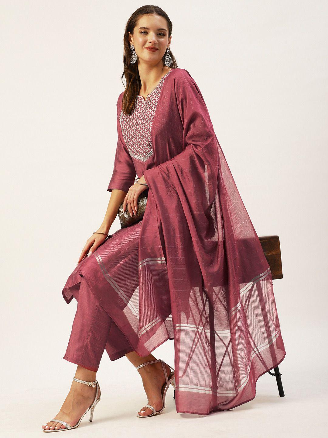 ishin women mauve floral yoke design kurta with trousers & with dupatta