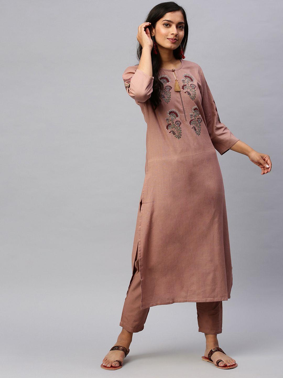 ishin women mauve printed thread work kurta with trousers