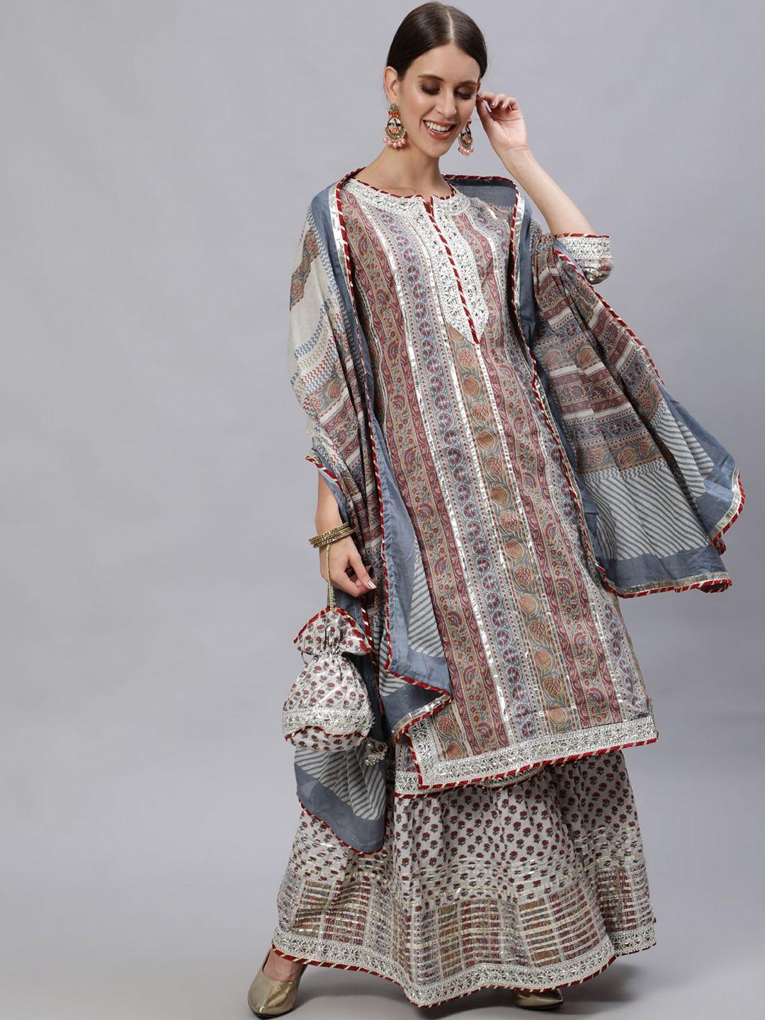 ishin women multicoloured ethnic motifs printed regular pure cotton kurta with sharara & with dupatta