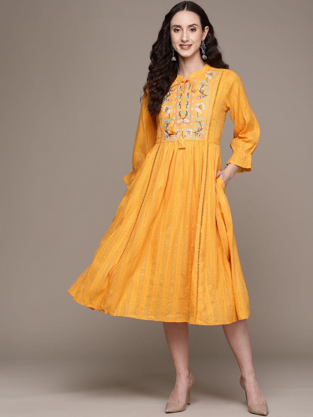 ishin women mustard yellow & pink cotton floral embroidered a-line midi dress