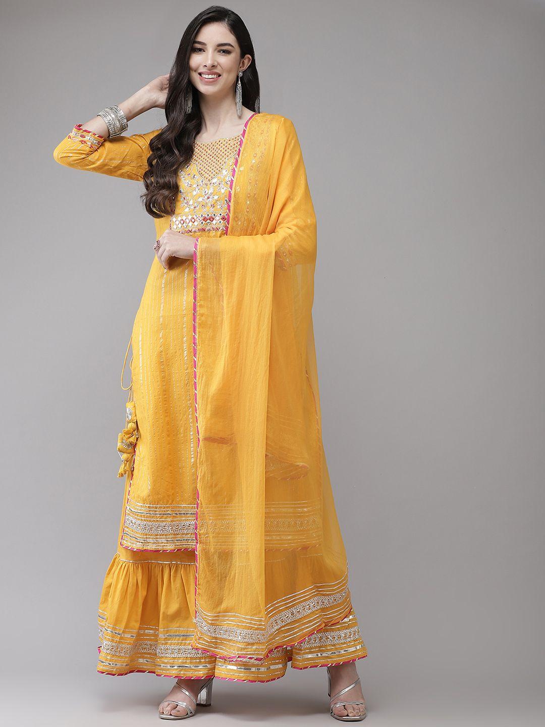 ishin women mustard yellow embroidered regular gotta patti kurta with sharara & with dupatta