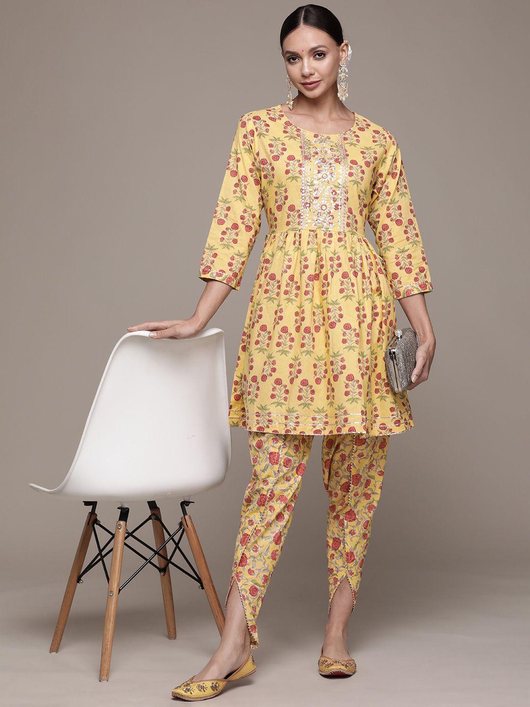 ishin women mustard yellow floral printed pleated mirror work pure cotton kurta with dhoti pants