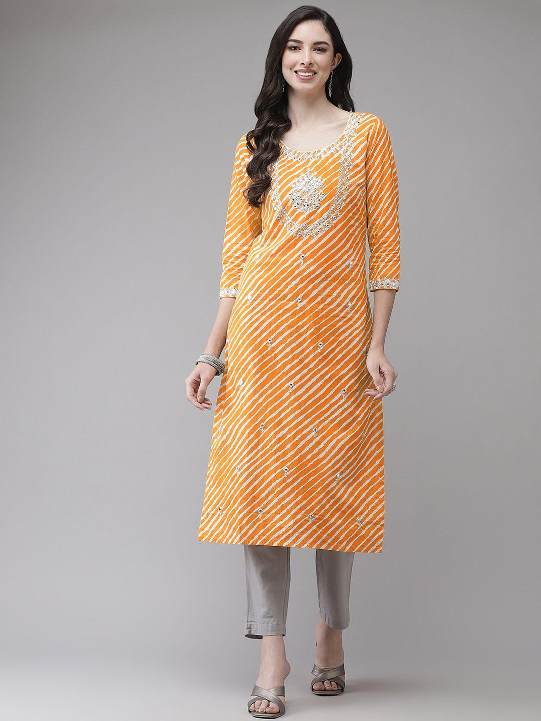 ishin women mustard yellow leheriya embroidered kurta