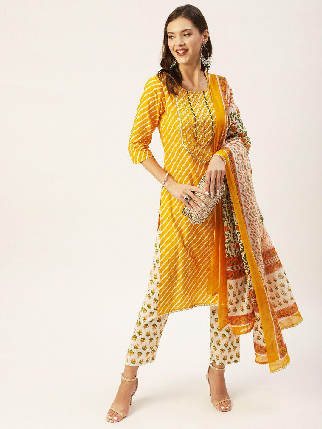 ishin women mustard yellow leheriya printed pure cotton kurta with trousers & dupatta