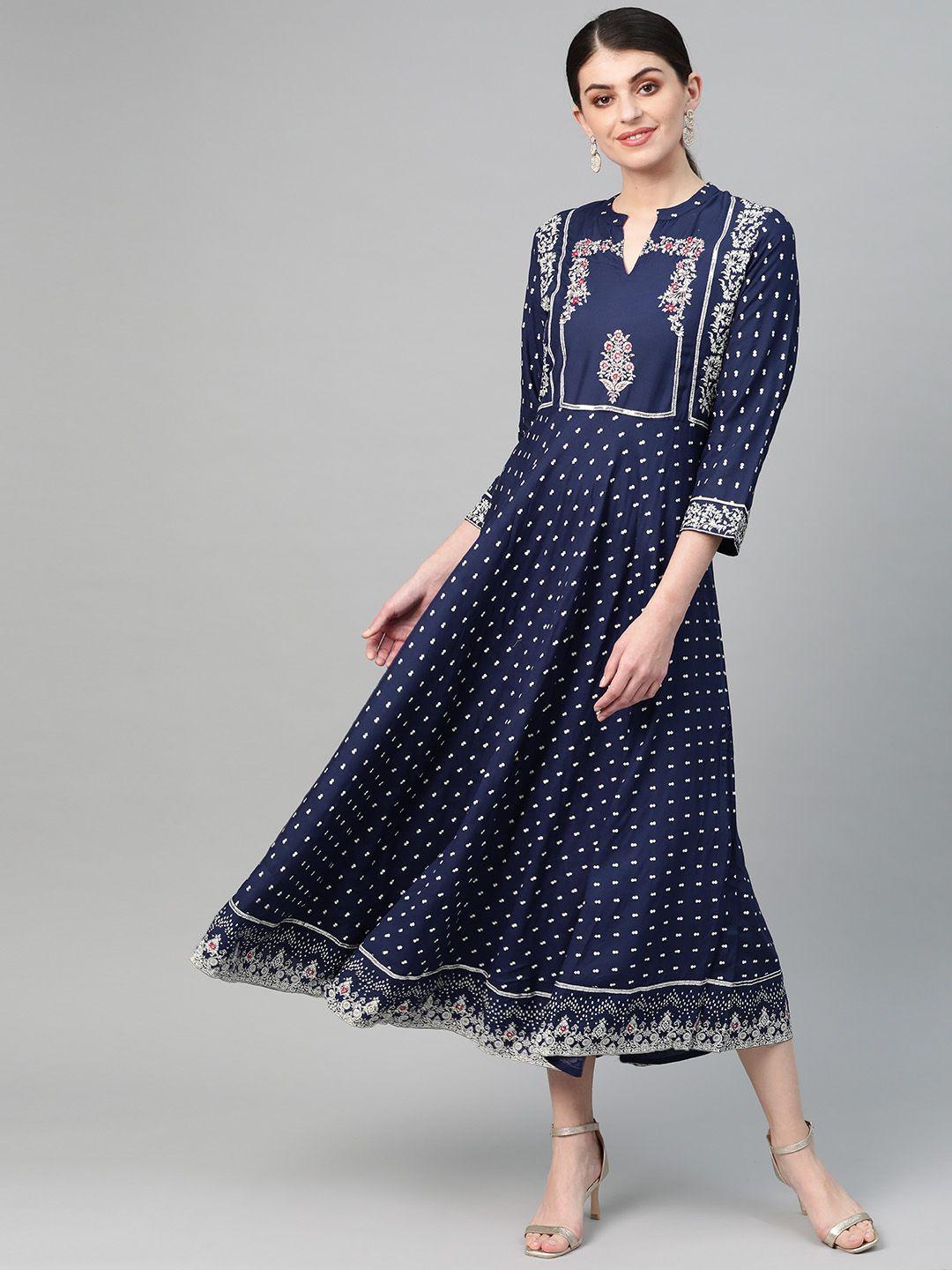 ishin women navy & off-white printed maxi dress