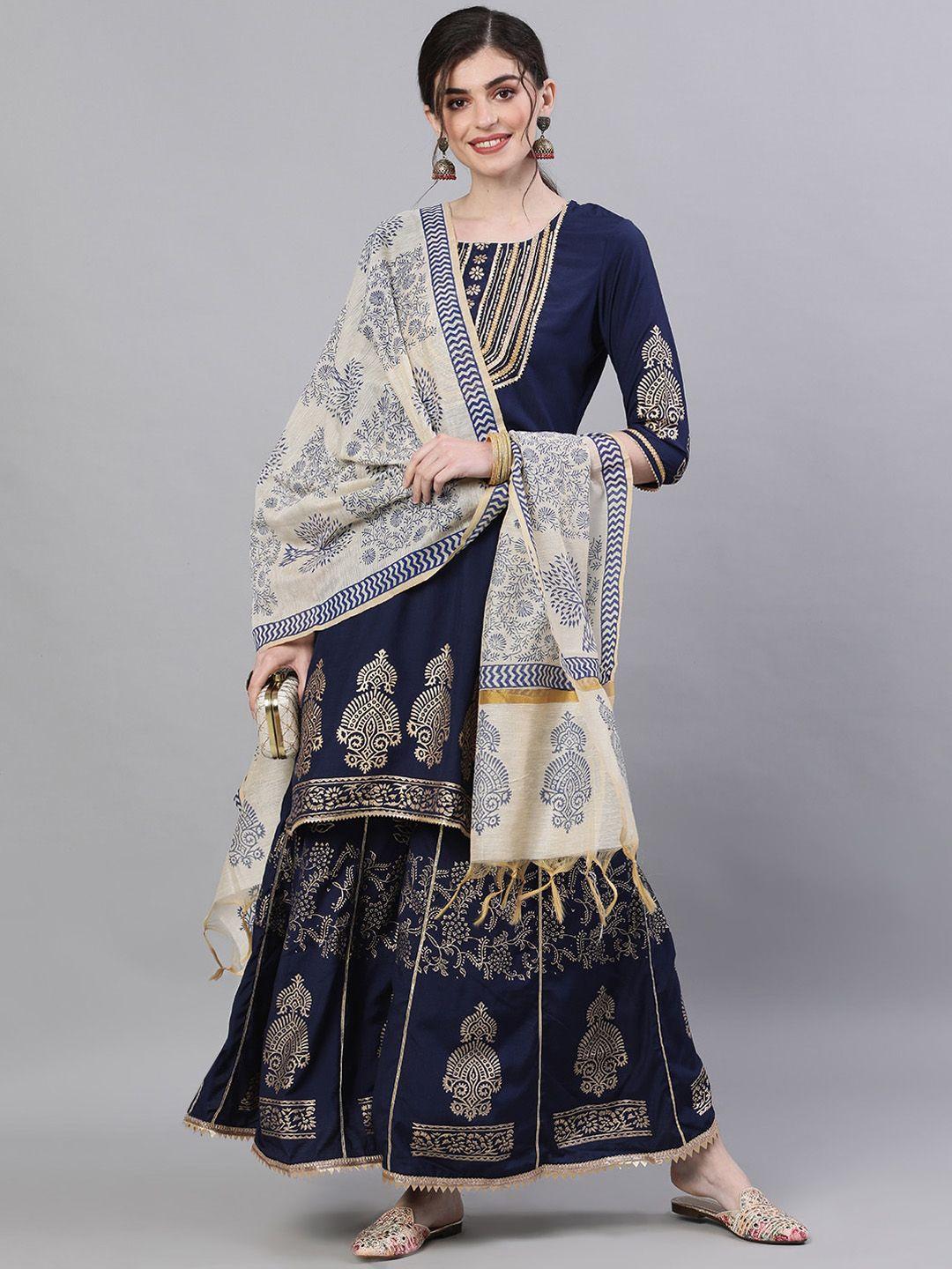 ishin women navy blue & gold-toned yoke design kurta with sharara & dupatta