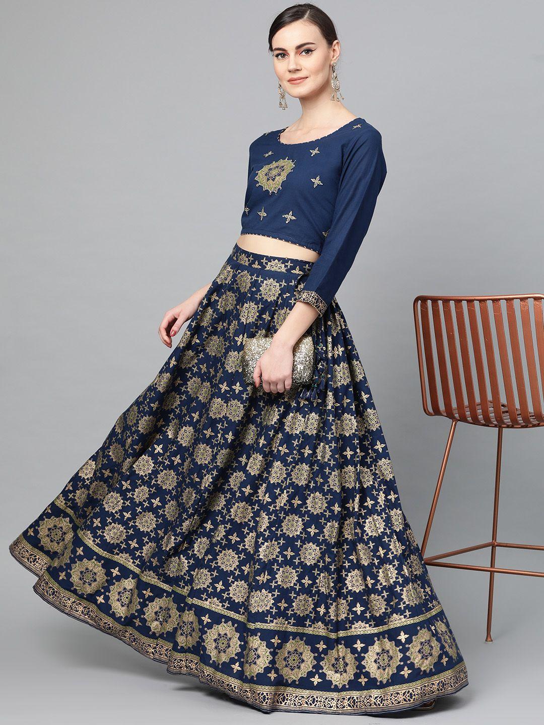 ishin women navy blue & golden foil printed top with skirt