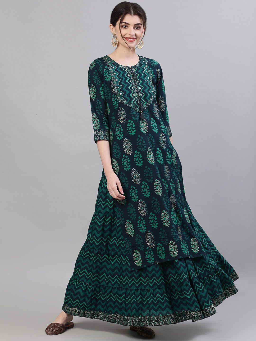 ishin women navy blue & green printed kurta with skirt