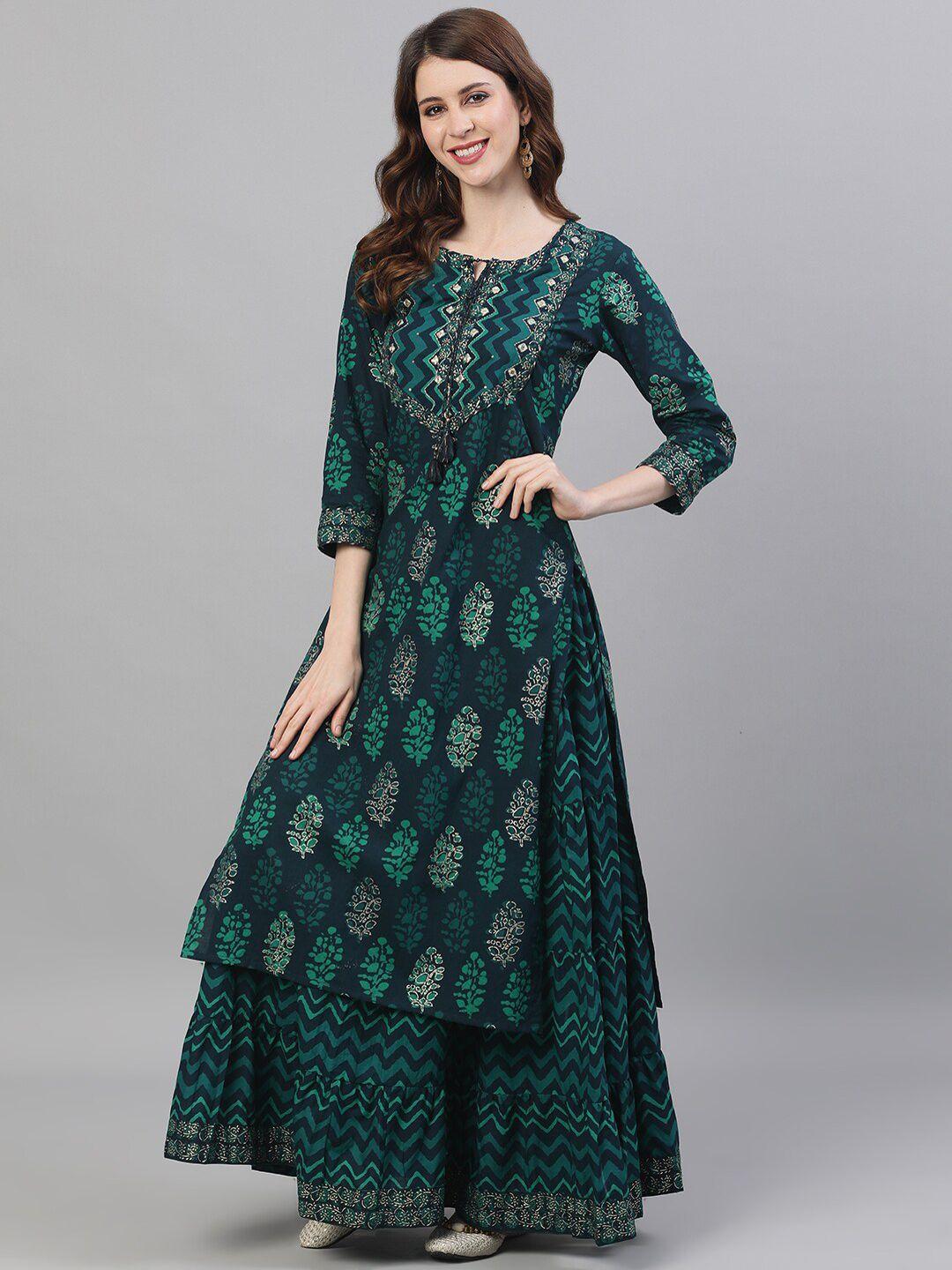 ishin women navy blue & green printed kurta with skirt