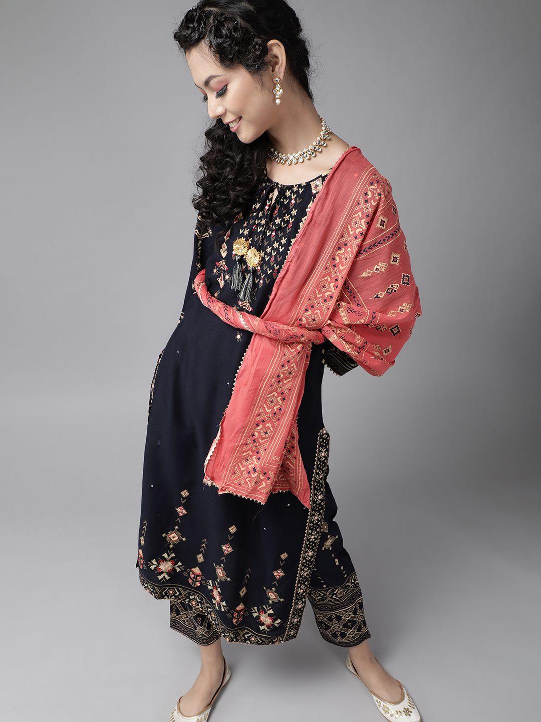 ishin women navy blue & peach-coloured mirror work kurta with trousers & dupatta