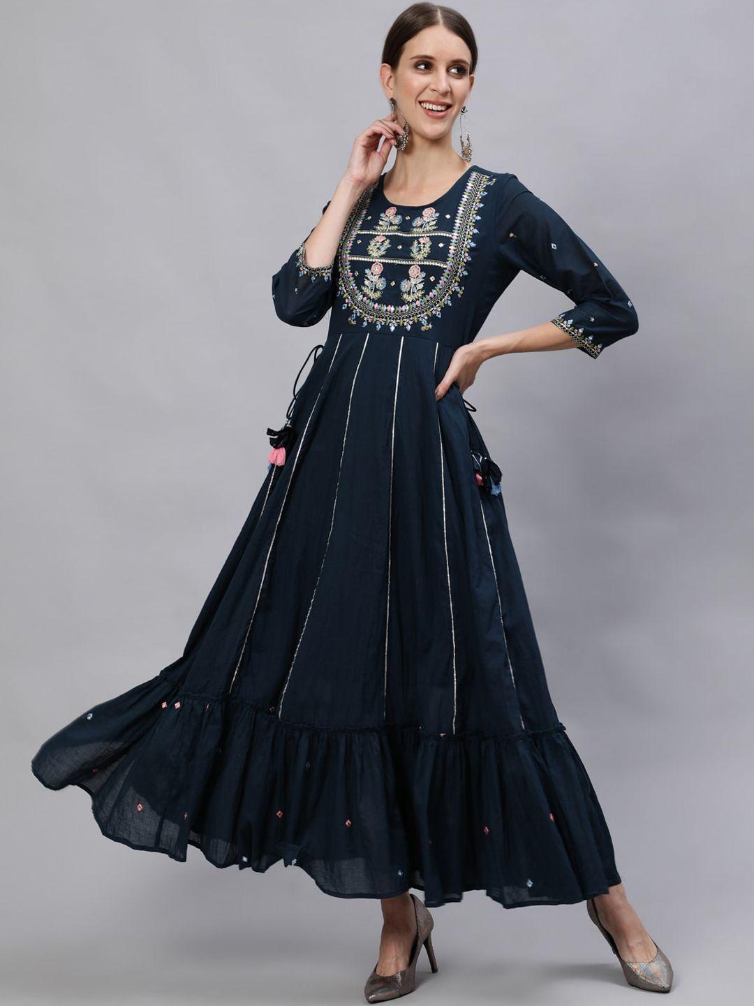 ishin women navy blue & pink ethnic motifs embroidered cotton anarkali kurta