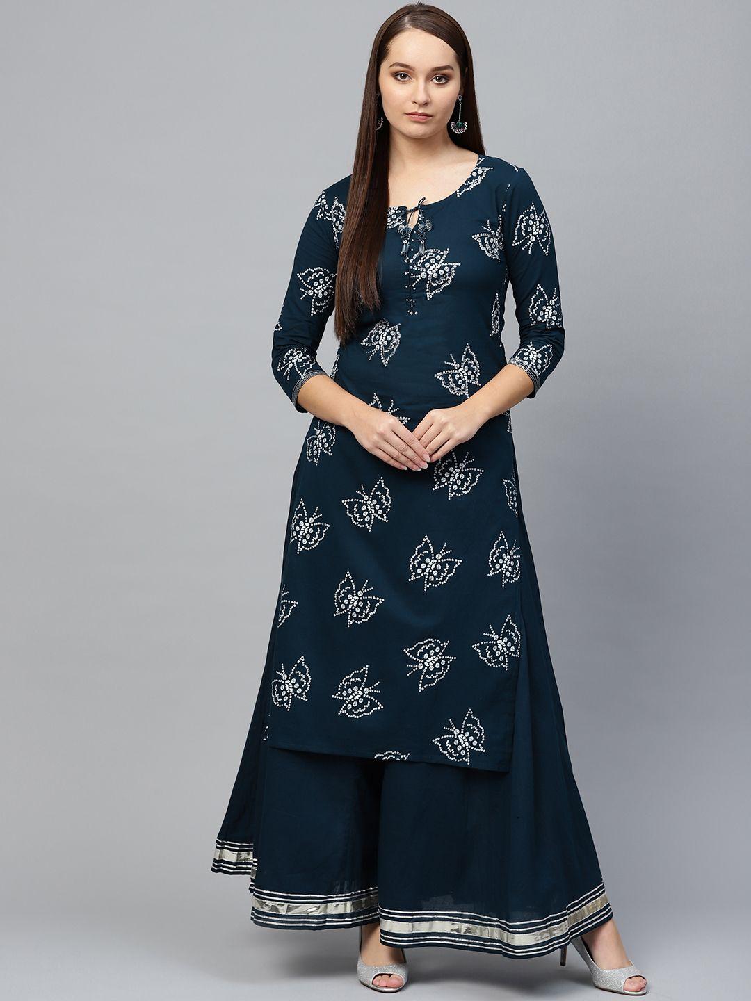 ishin women navy blue & white bandhani print kurta with palazzos