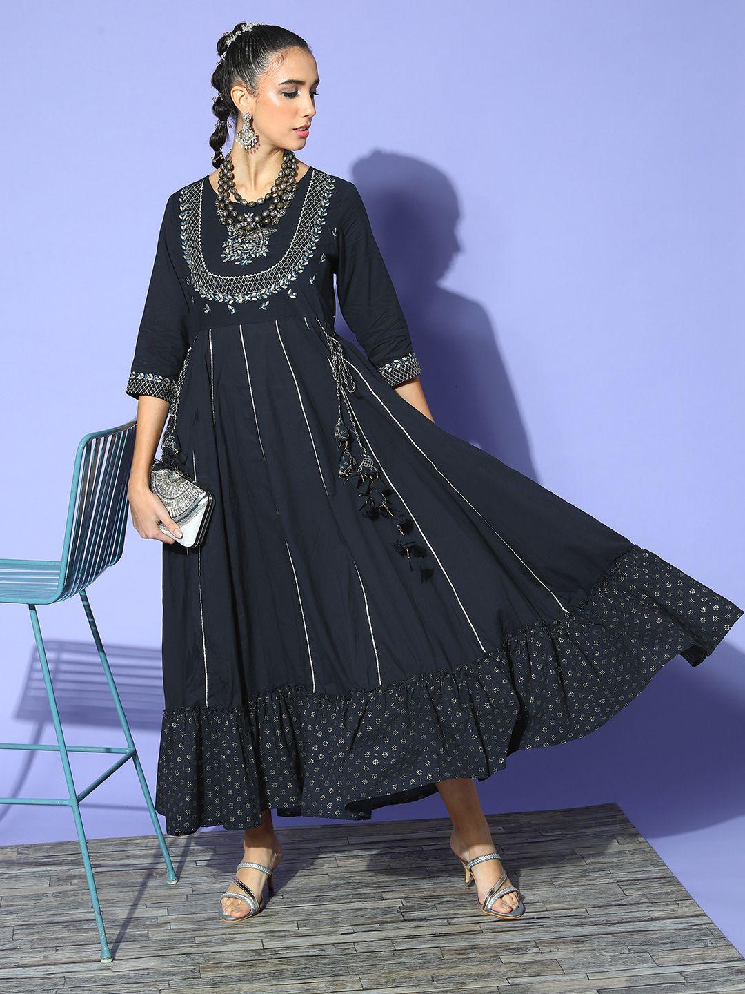 ishin women navy blue cotton volume control ethnic dress