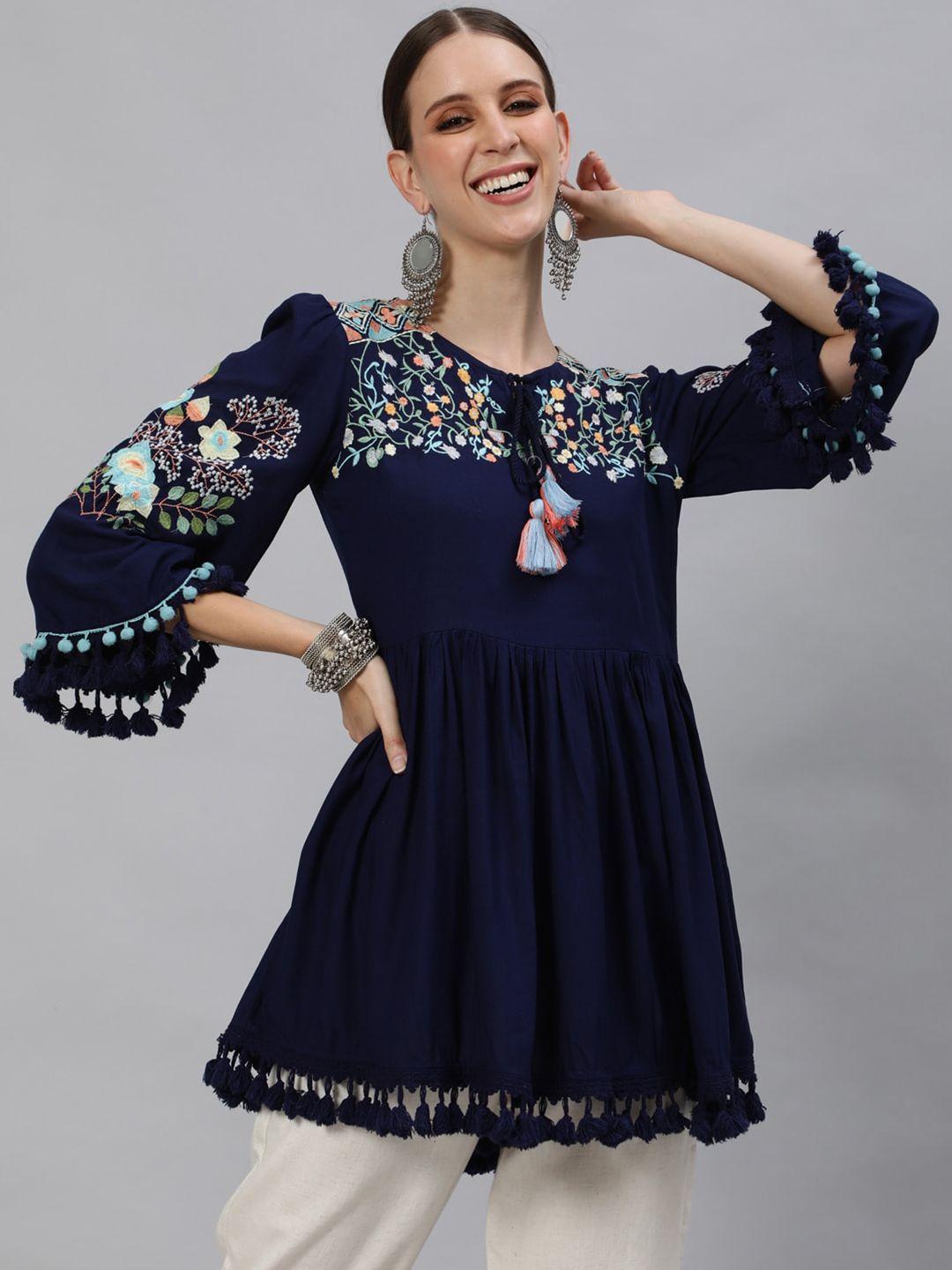 ishin women navy blue embroidered a-line top