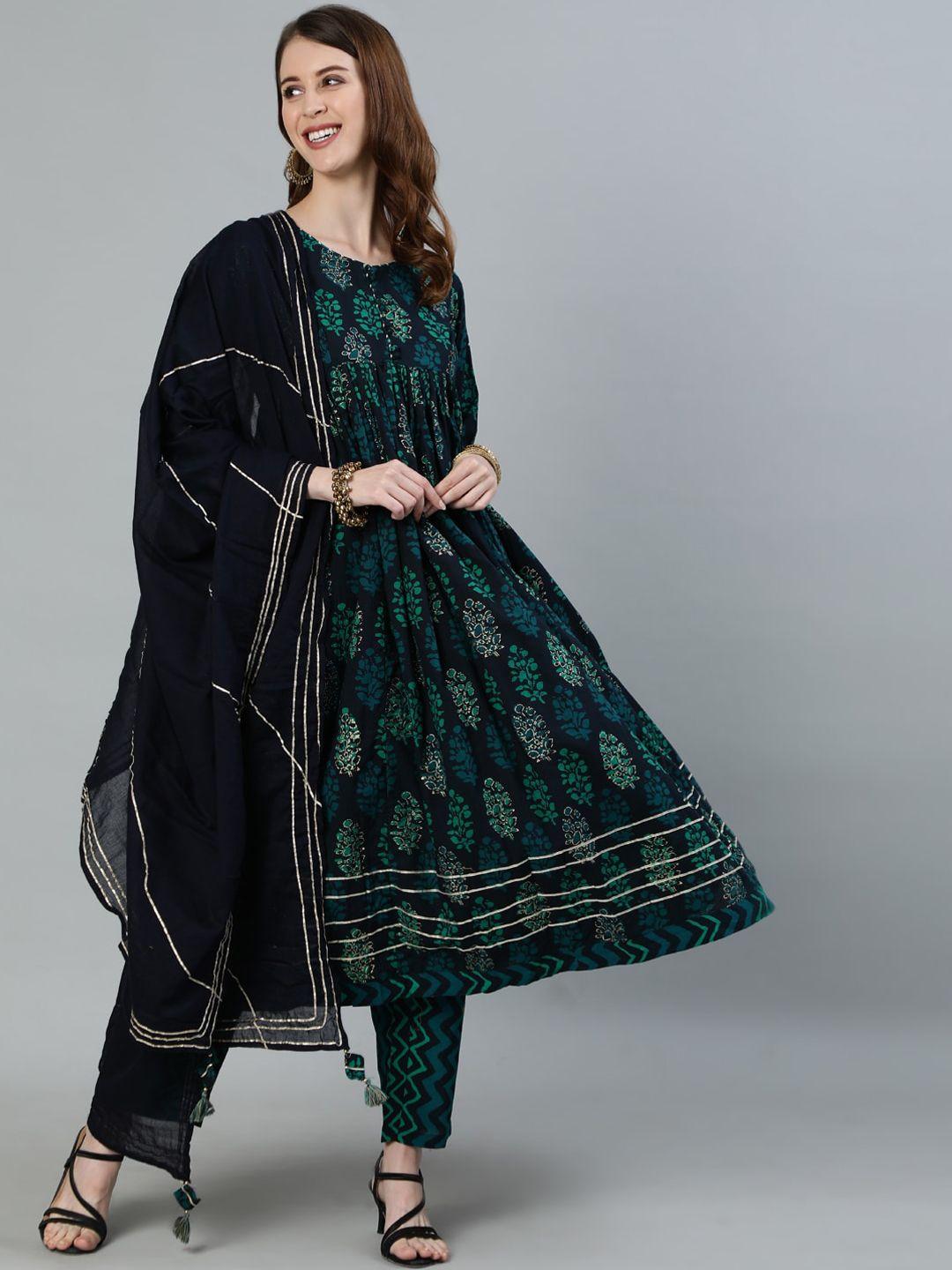 ishin women navy blue ethnic motifs embroidered panelled pure cotton kurti with trousers & with dupatta