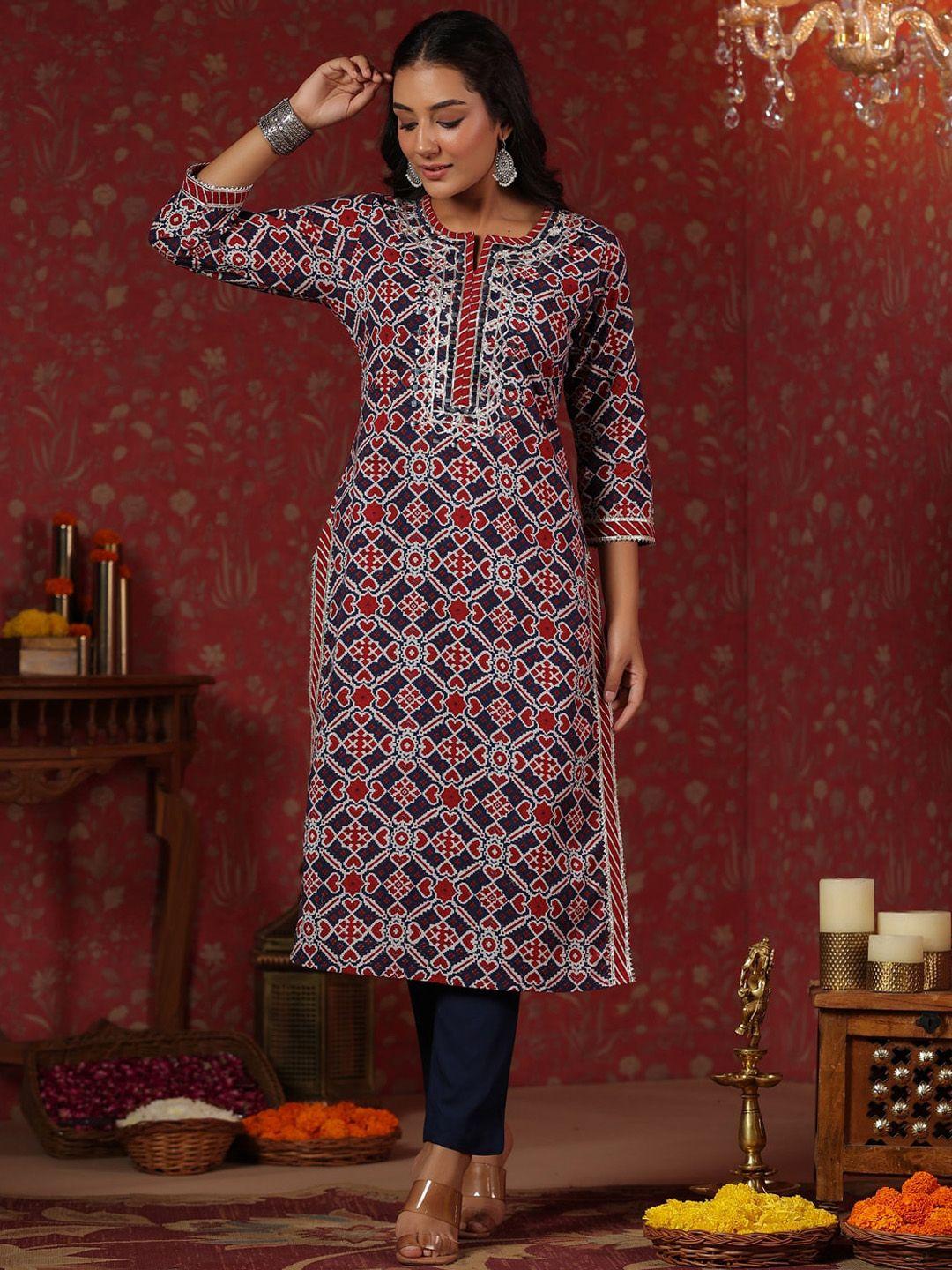 ishin women navy blue ethnic motifs printed kurta