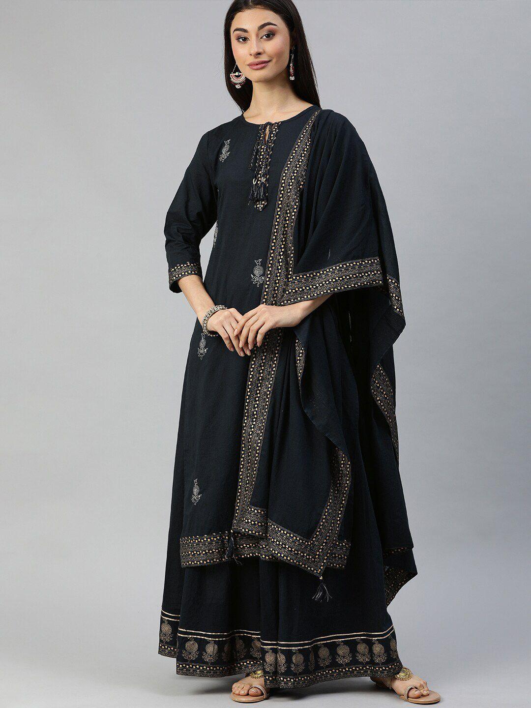 ishin women navy blue ethnic motifs printed sequinned pure cotton kurta with sharara & with dupatta