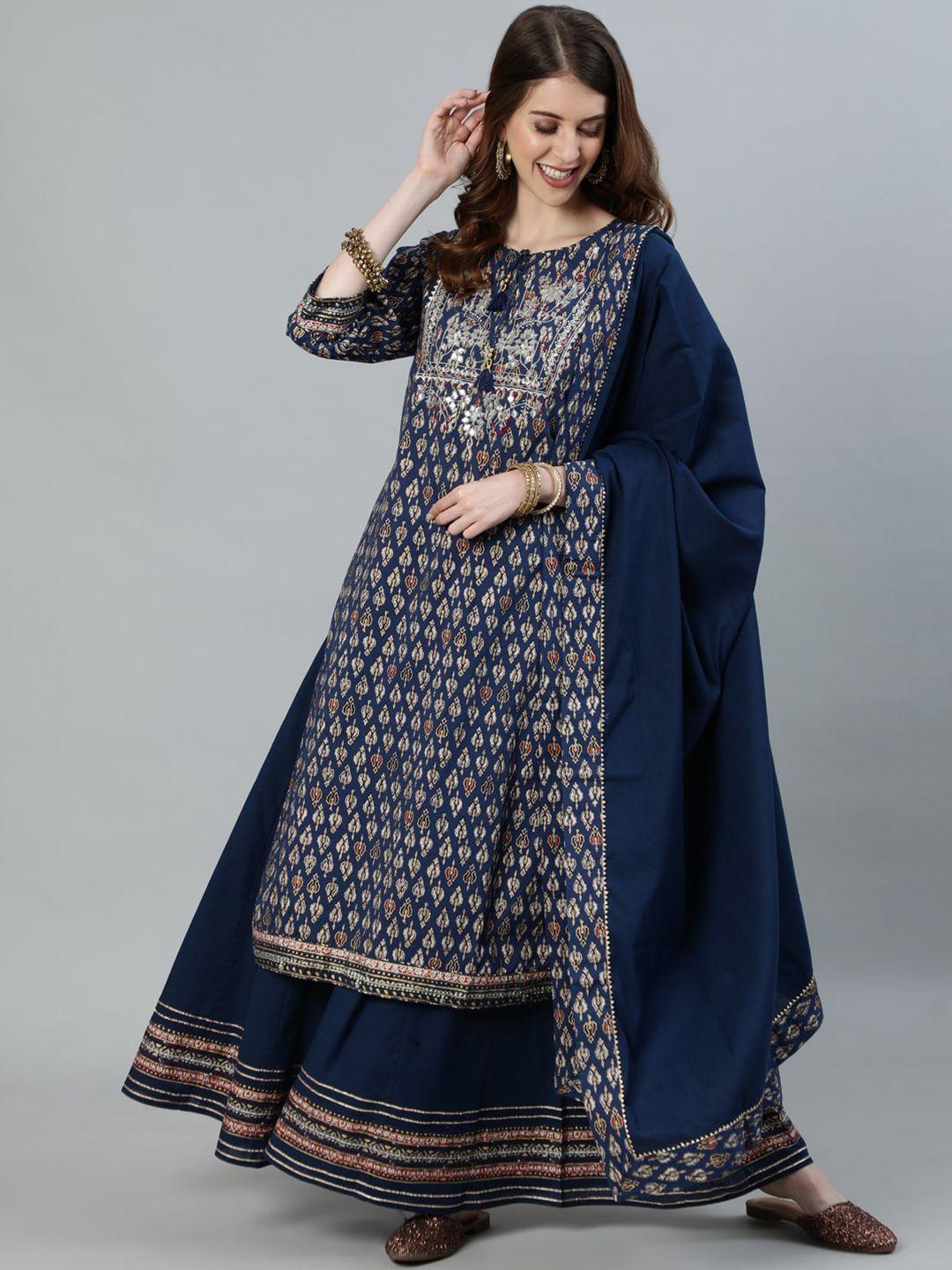 ishin women navy blue ethnic motifs yoke design pure cotton kurta with sharara & dupatta