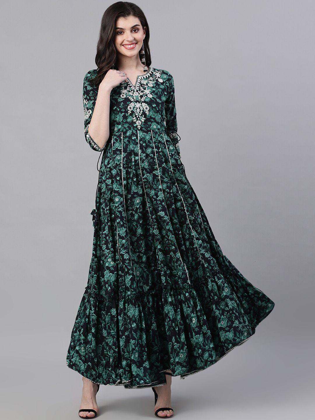 ishin women navy blue floral printed maxi dress