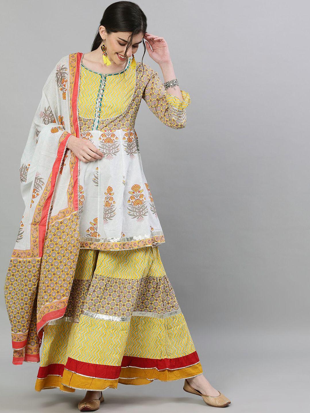 ishin women off-white & yellow printed kurti with palazzos & dupatta