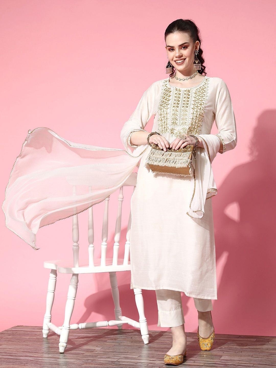 ishin women off white floral yoke design kurta with trousers & with dupatta