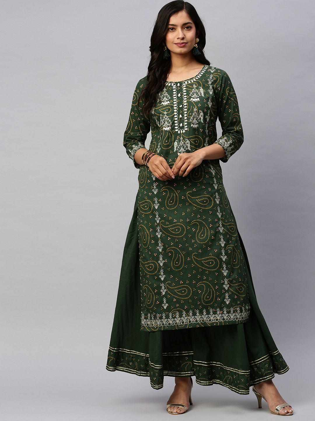 ishin women olive green & beige embroidered kurta with palazzos