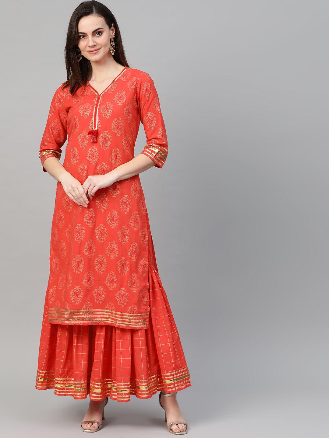 ishin women orange & golden foil print kurta with sharara