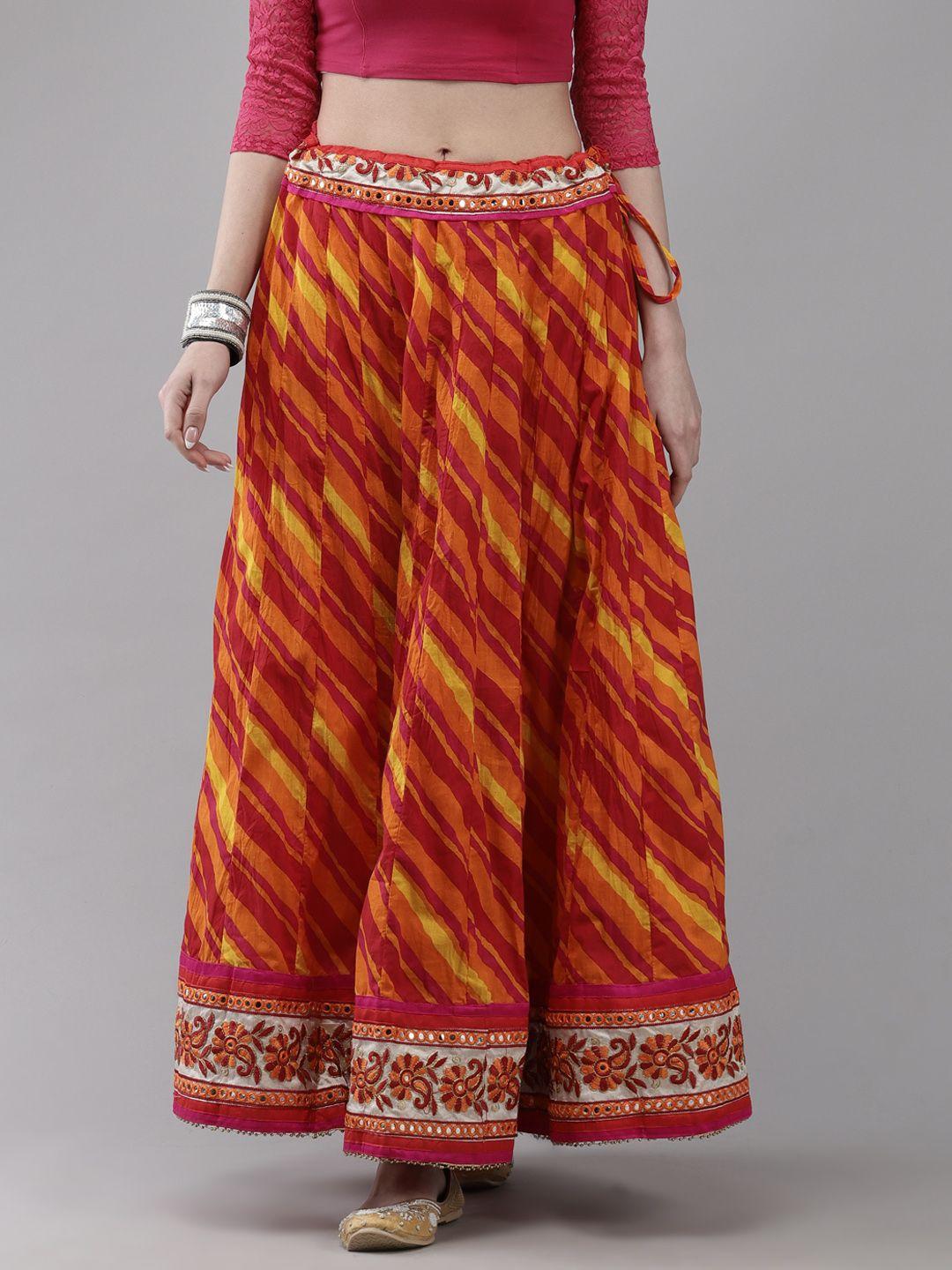 ishin women orange cotton embroidered tie & dye flared maxi skirt