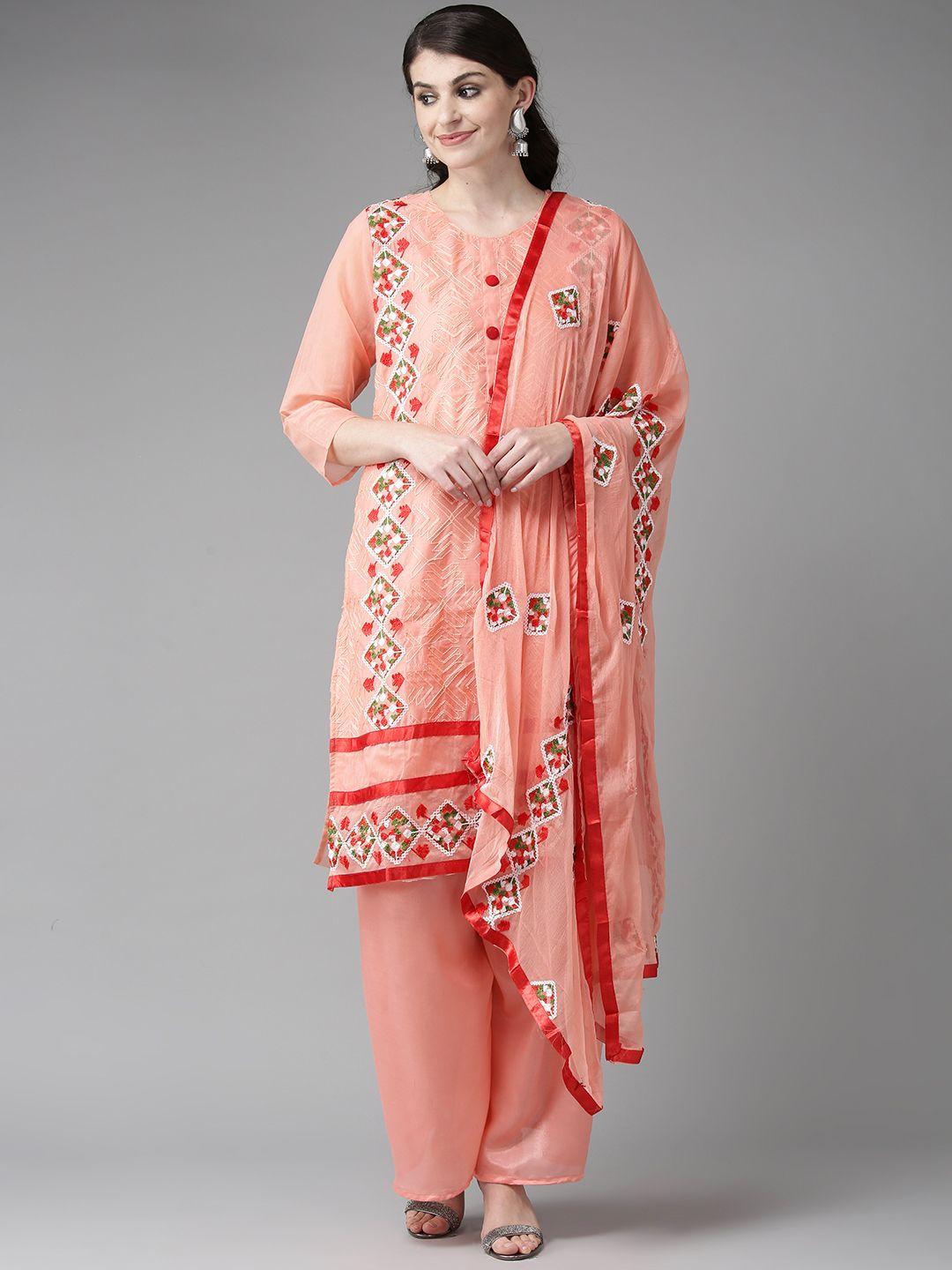 ishin women peach-coloured & white embroidered kurta with palazzos & dupatta