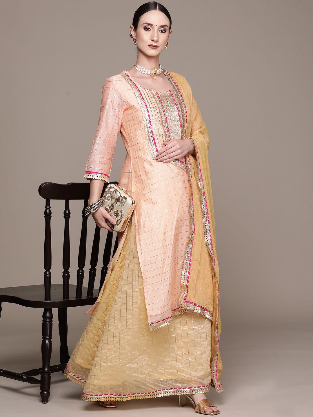 ishin women peach-coloured embroidered gotta patti chanderi silk kurta with skirt & with dupatta