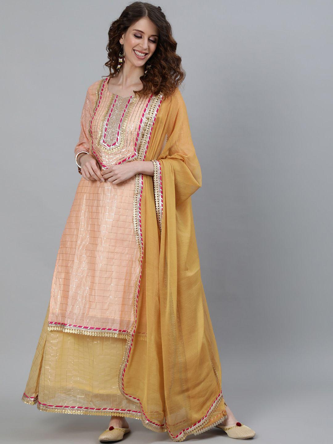 ishin women peach-coloured embroidered regular gotta patti chanderi silk kurta with skirt & with dupatta