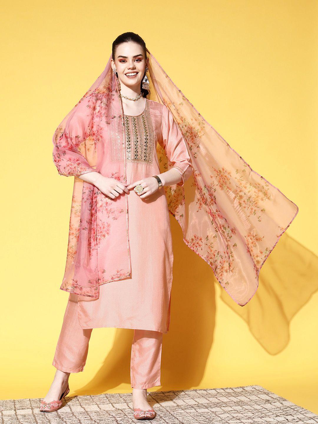 ishin women peach-coloured floral yoke design kurta with trousers & with dupatta