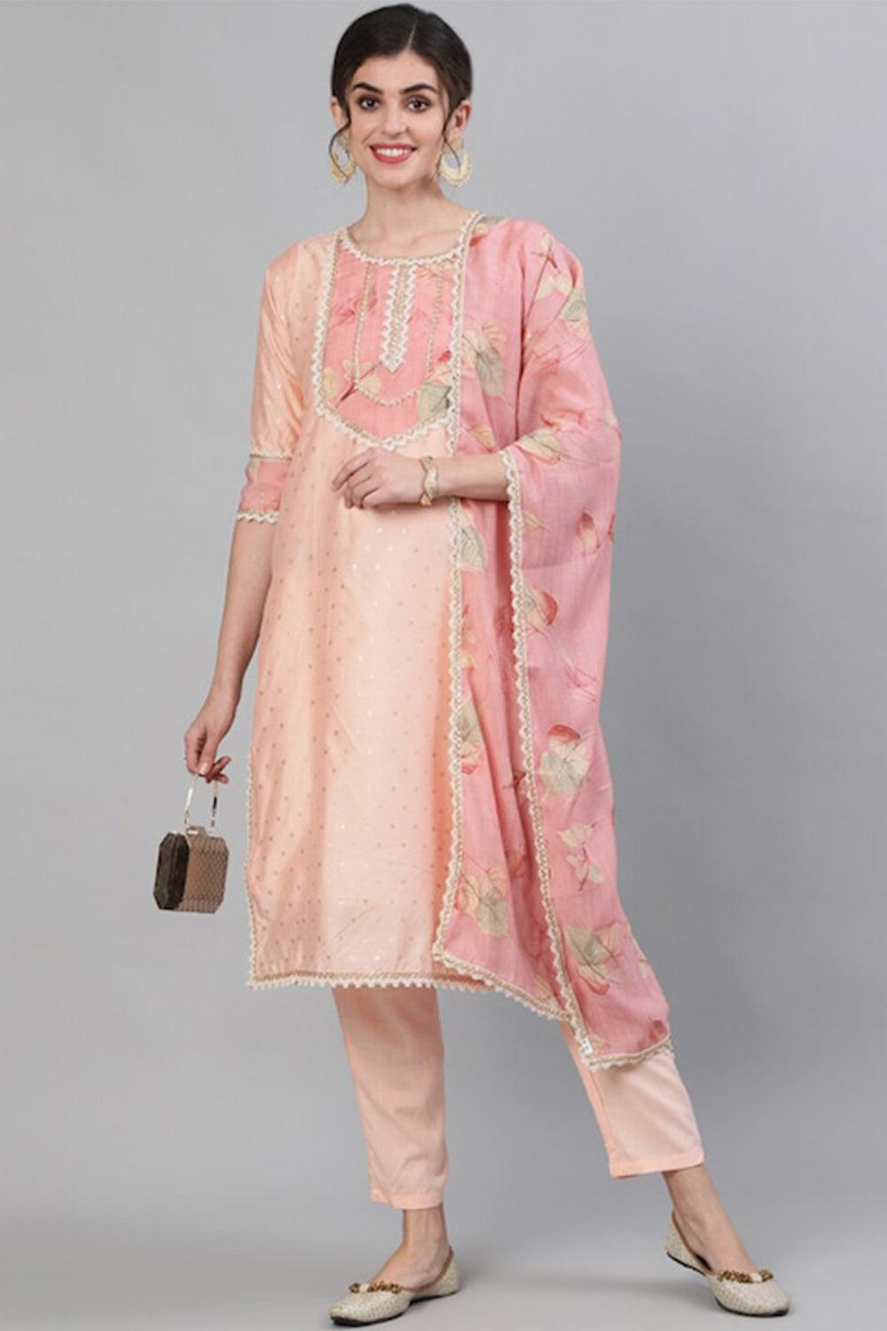 ishin women peach-coloured golden woven design kurta set