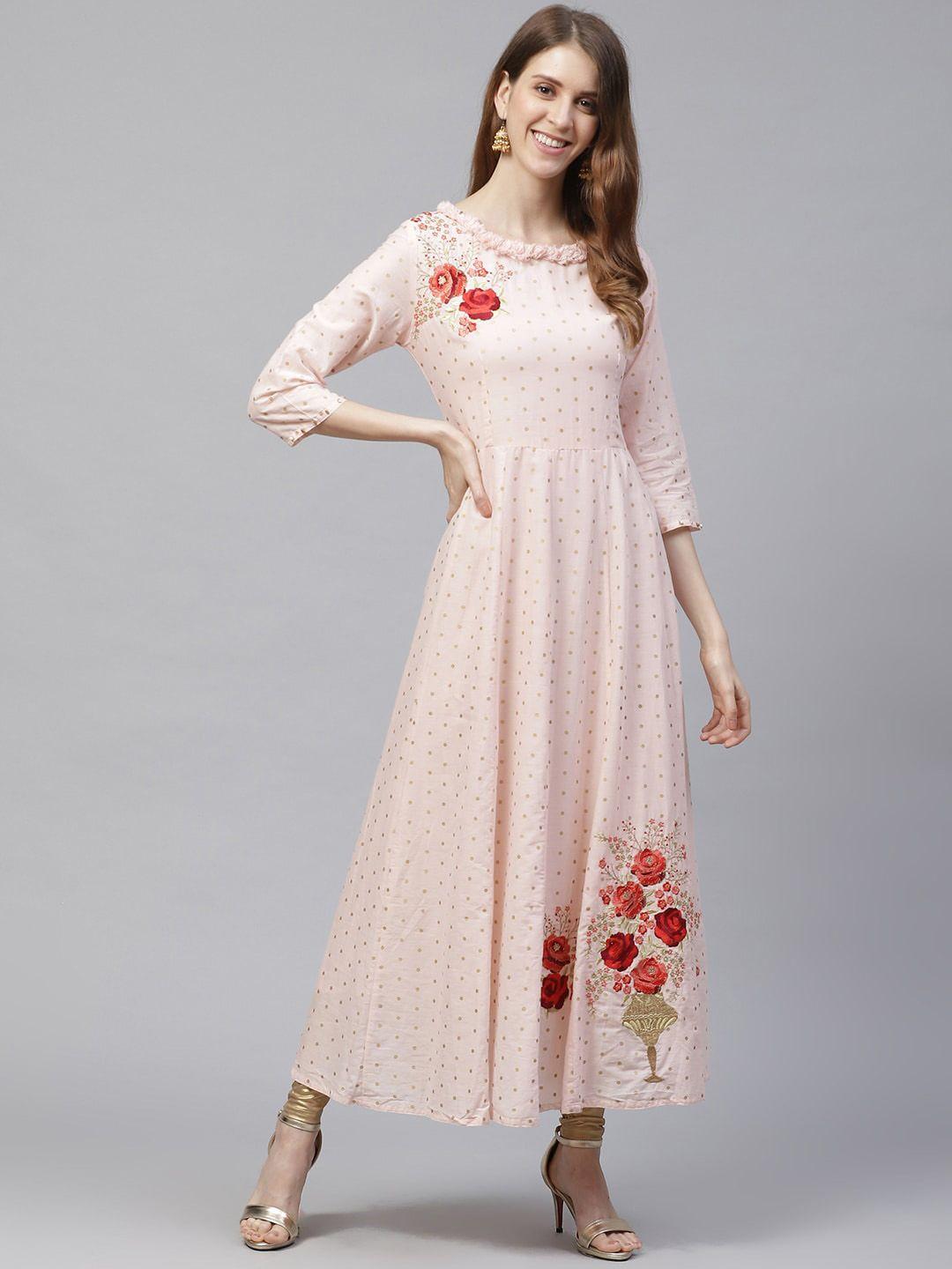 ishin women peach-coloured printed anarkali kurta