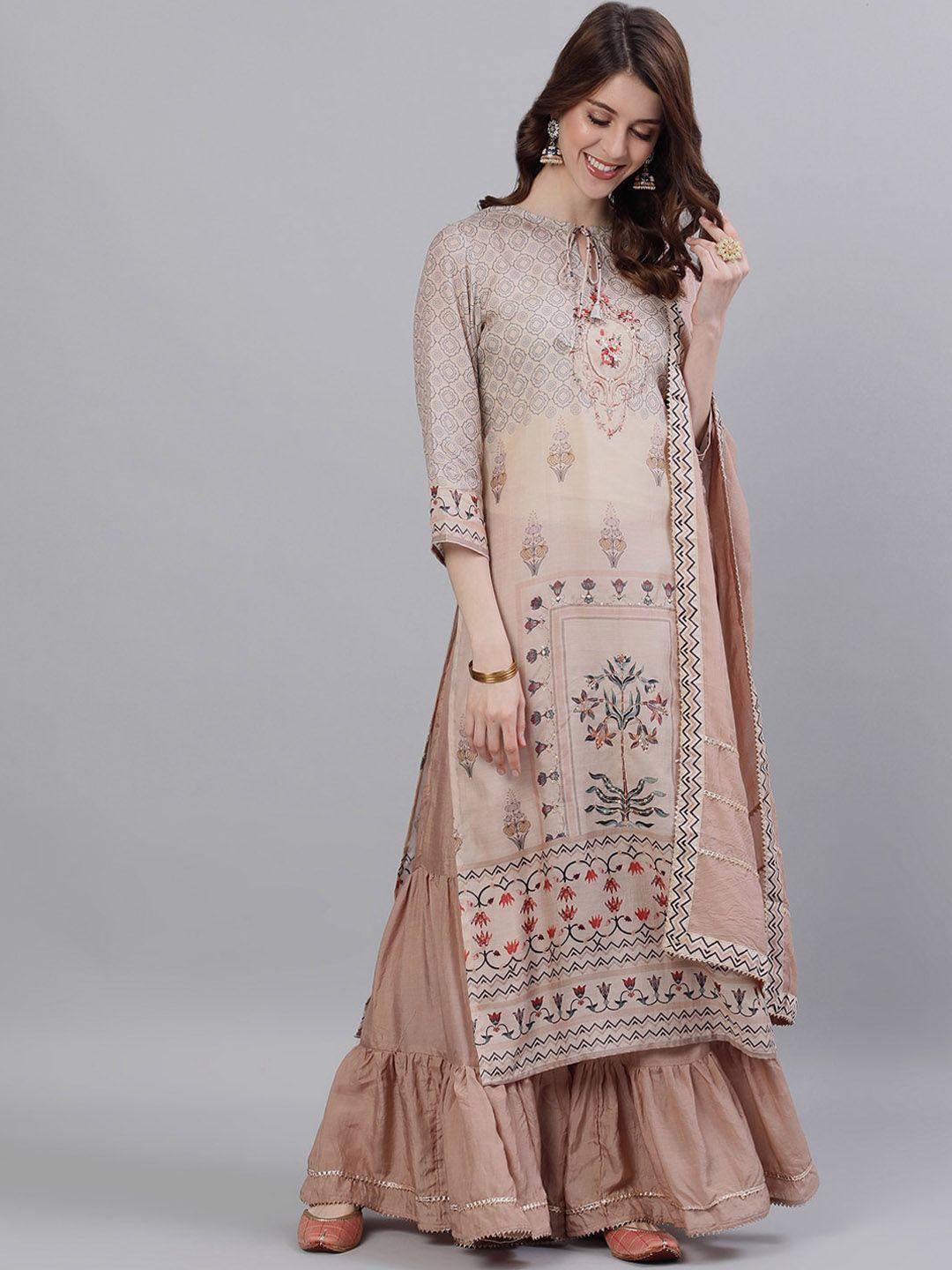 ishin women peach ethnic motifs printed gotta patti kurta with sharara & with dupatta