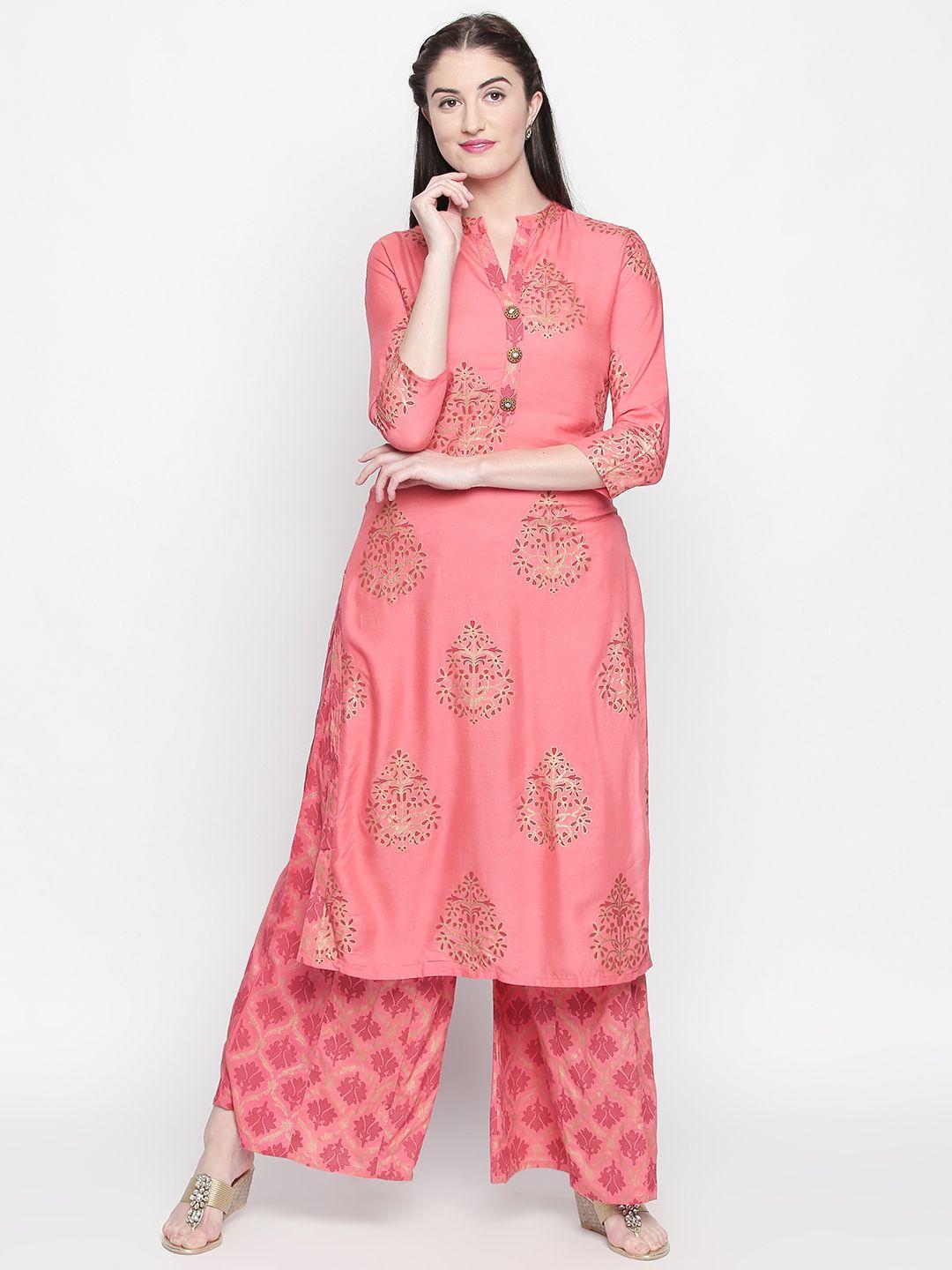 ishin women pink & gold-toned printed kurta with palazzos