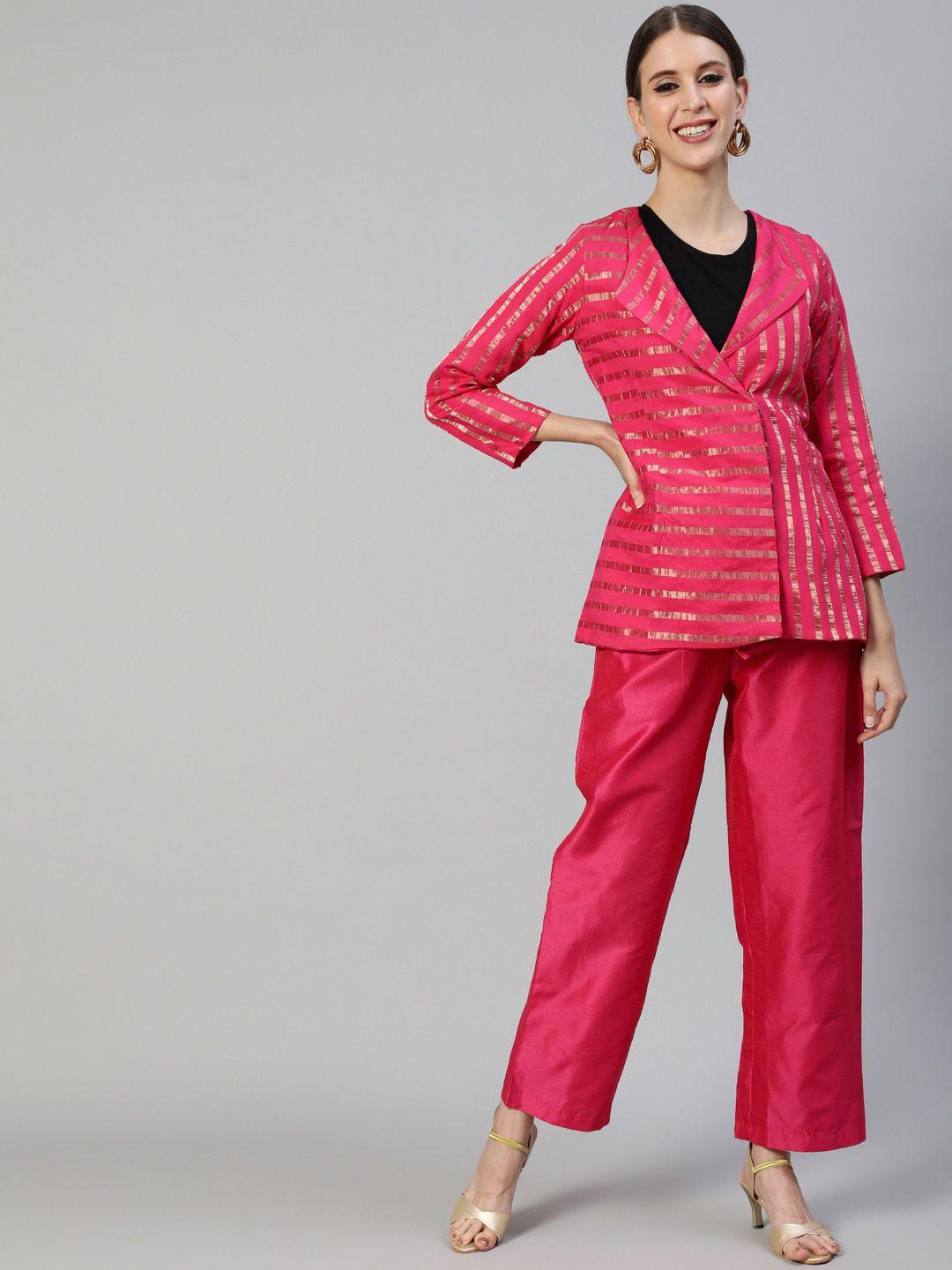 ishin women pink & gold-toned striped coat with trousers