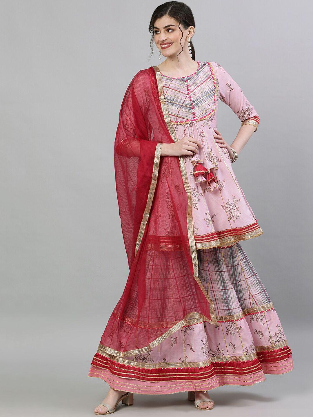 ishin women pink & red printed kurta with sharara & dupatta