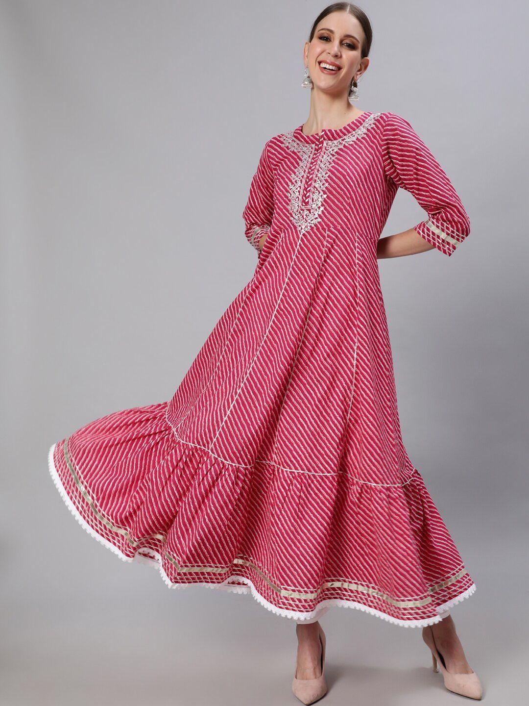 ishin women pink & silver-toned leheriya printed thread work anarkali kurta