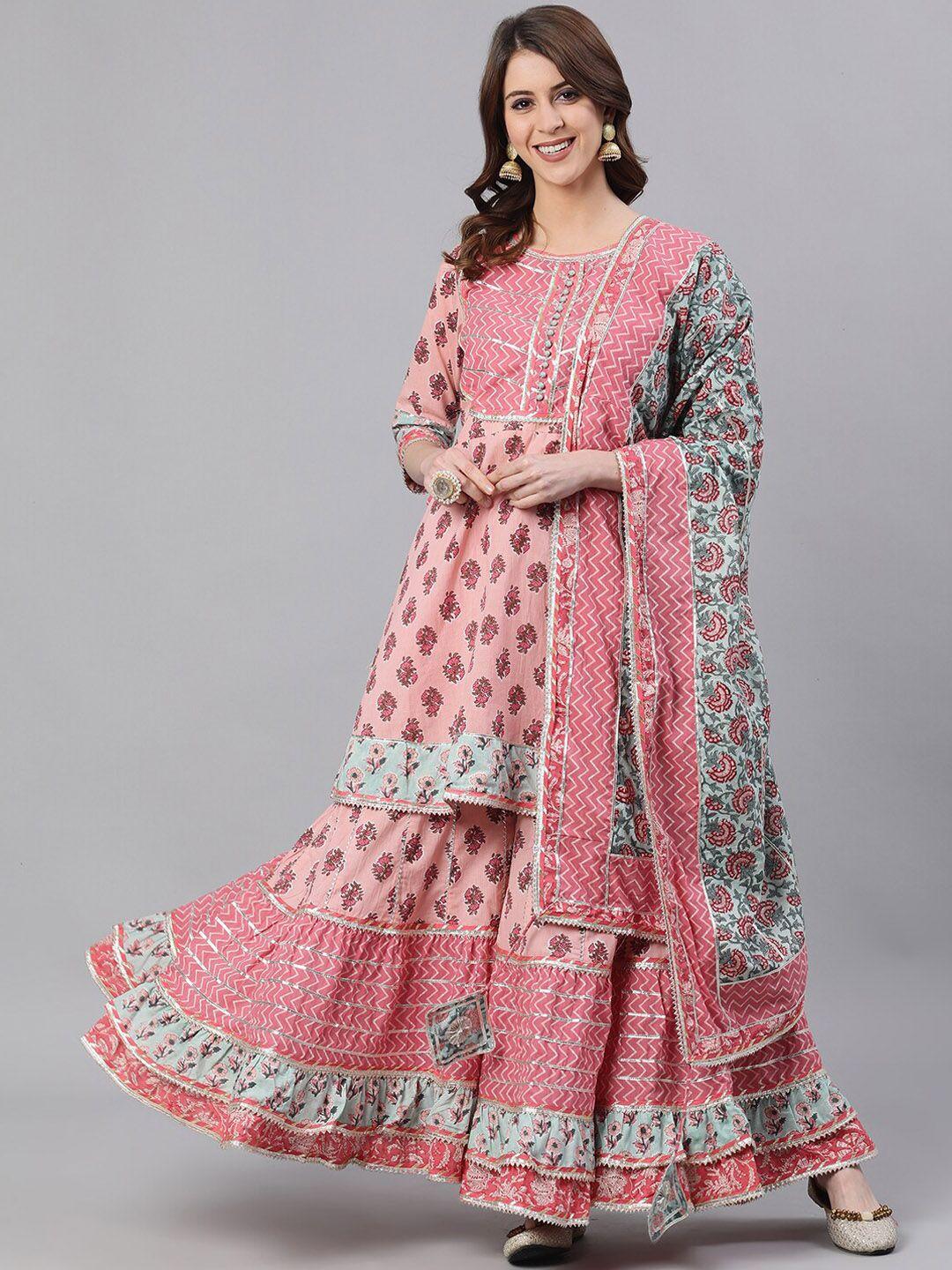 ishin women pink & silver-toned printed cotton kurta with sharara & dupatta